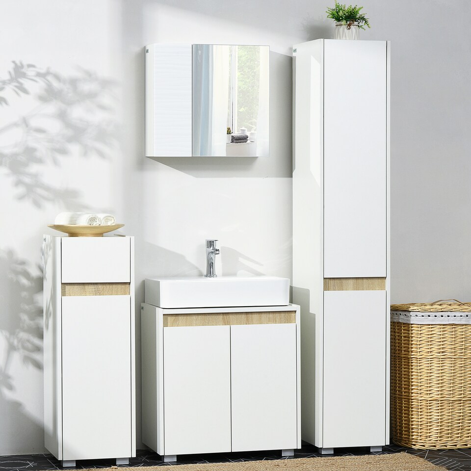 image 1 of kleankin Tall Bathroom Cabinet with Adjustable Shelves, 5-Tier Modern Freestanding Tallboy with Storage Cabinets, White