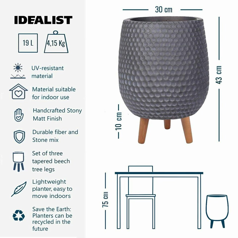 image 1 of Honeycomb Style Dark Grey Planter with Legs, Round Indoor Plant Pot Stand for Indoor Plants by Idealist Lite D30 H43 cm, 19L