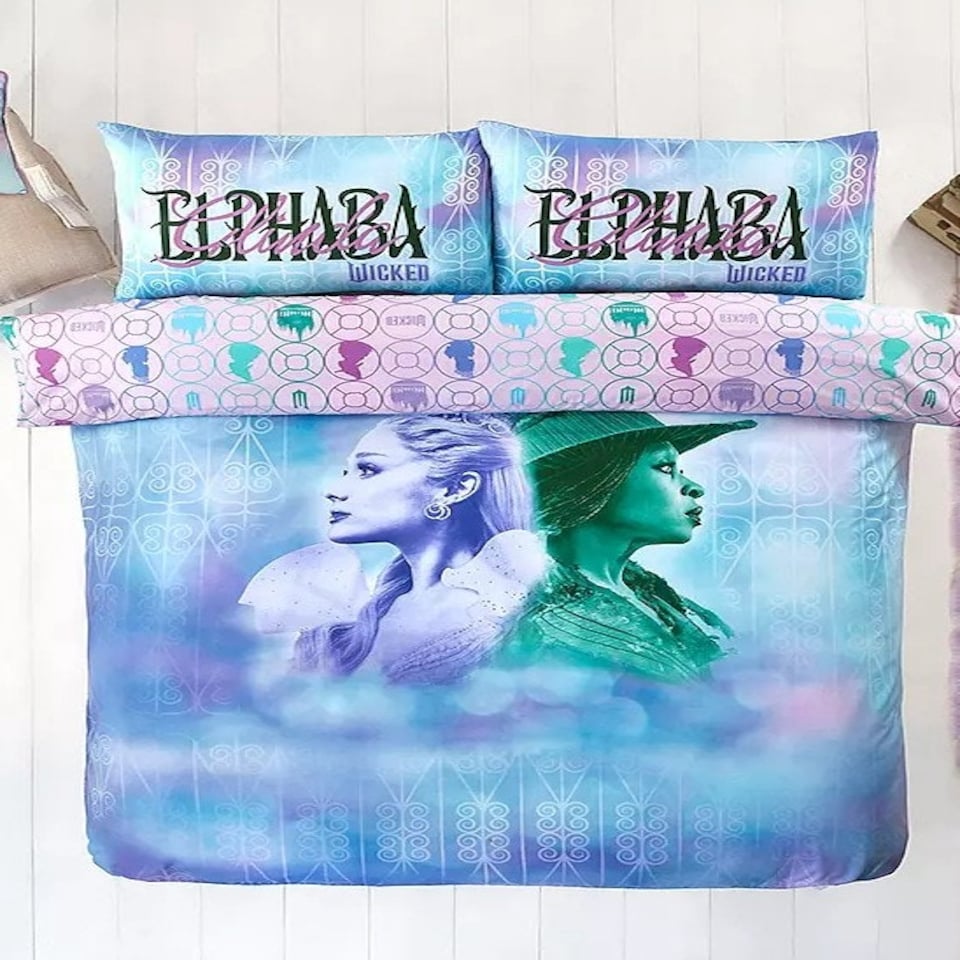 image 1 of Wicked Glenda & Elphaba Reversible 2 in 1 Design Double Duvet Cover and Pillowcase Set - Wicked For Good Blue | green, pink | Double