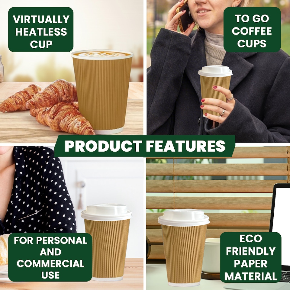 image 1 of ECONX 8oz Kraft Disposable Coffee Cups With White Lid Ripple Insulated Paper Cups 100pc