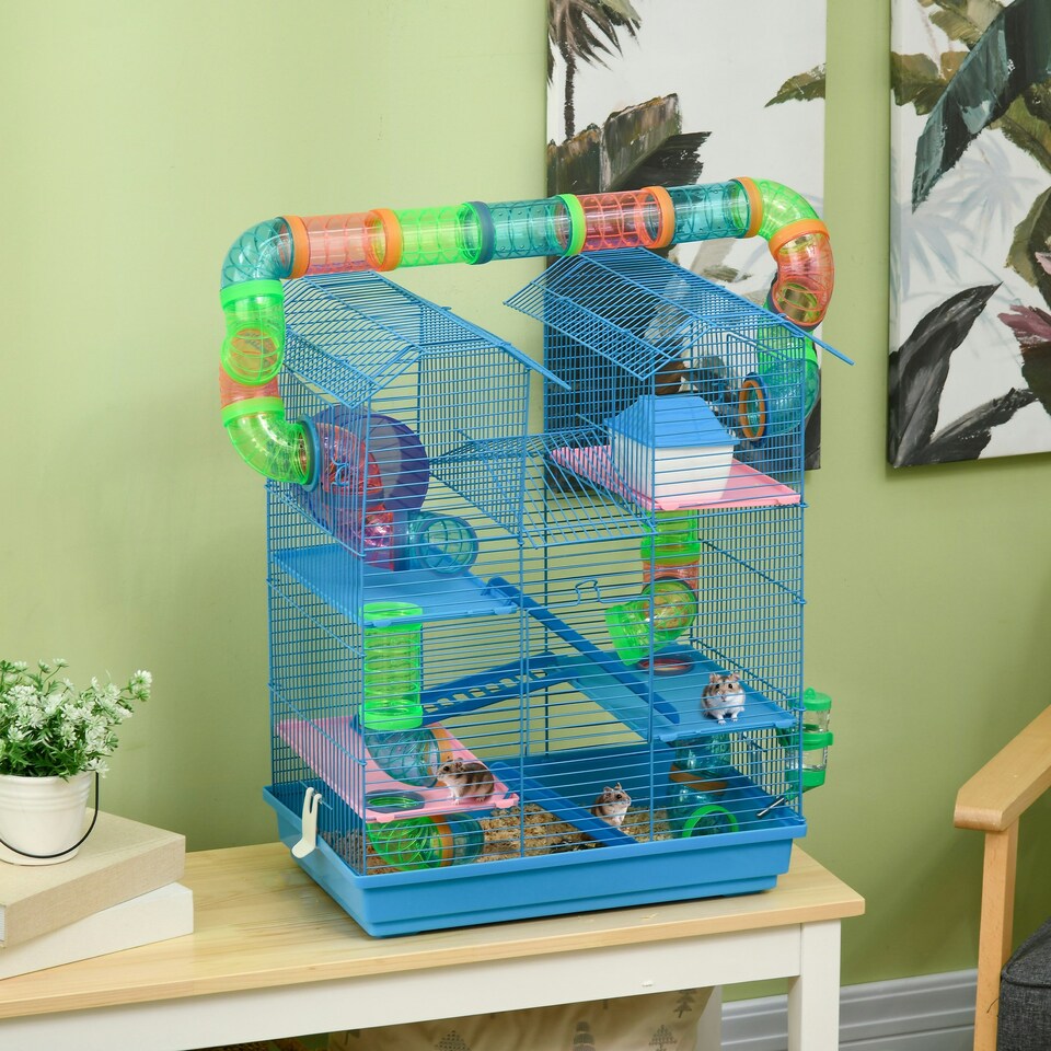 image 1 of PawHut 5 Tiers Hamster Cage Animal Travel Carrier Habitat, Blue