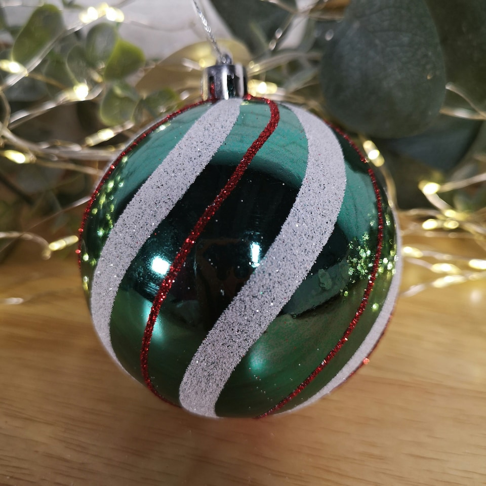 image 1 of Box of 12 8cm Green with White and Red Glitter Shatterproof Christmas Bauble Decoration in PDQ