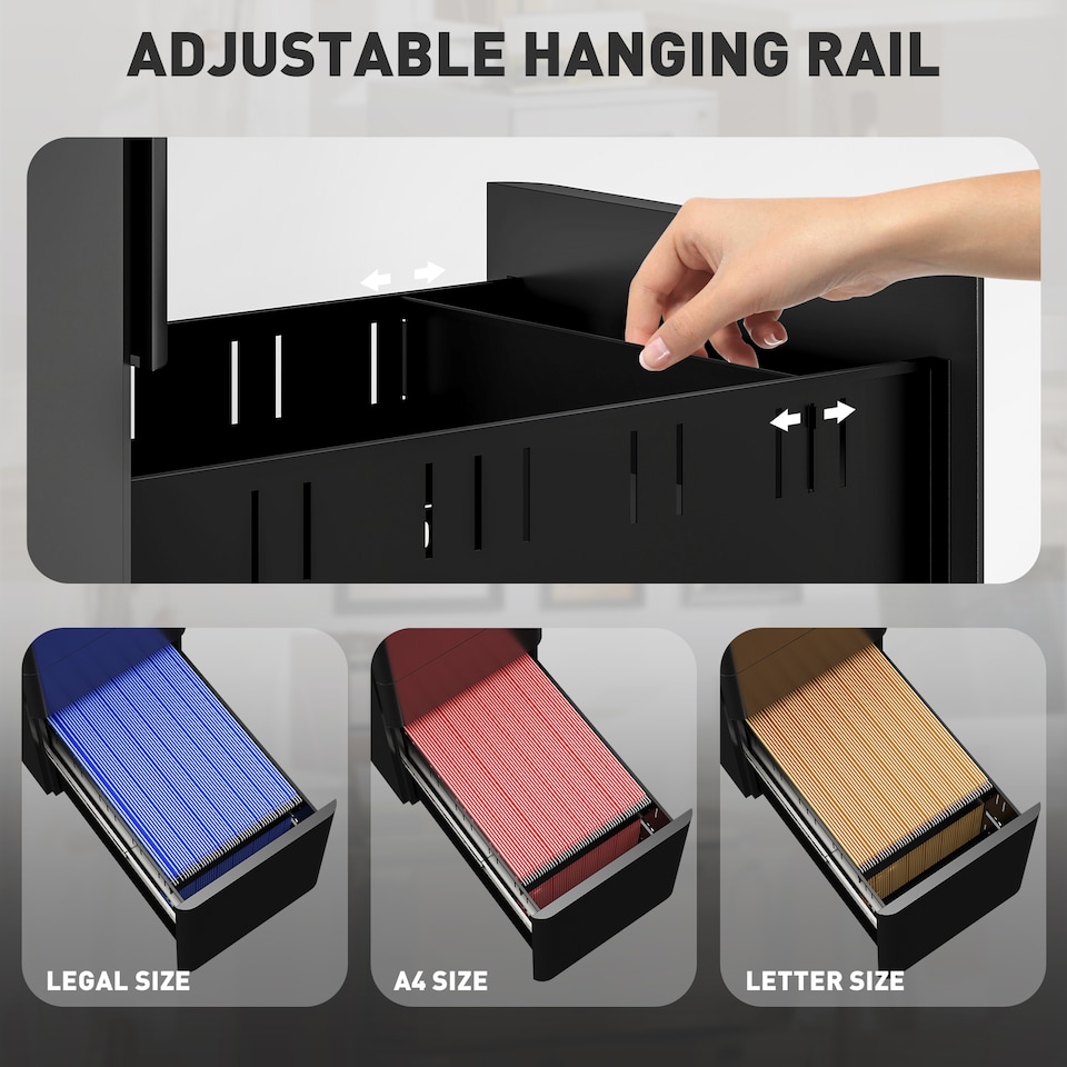 image 1 of Vinsetto 3-Drawer Mobile Filing Cabinet, Lockable Metal File Cabinet with 5 Wheels for A4 Legal Letter Sized Documents, Hanging File Folders, Under Desk, Pre-Assembled Body, 30 x 45 x 59 cm, Black | Black | Black