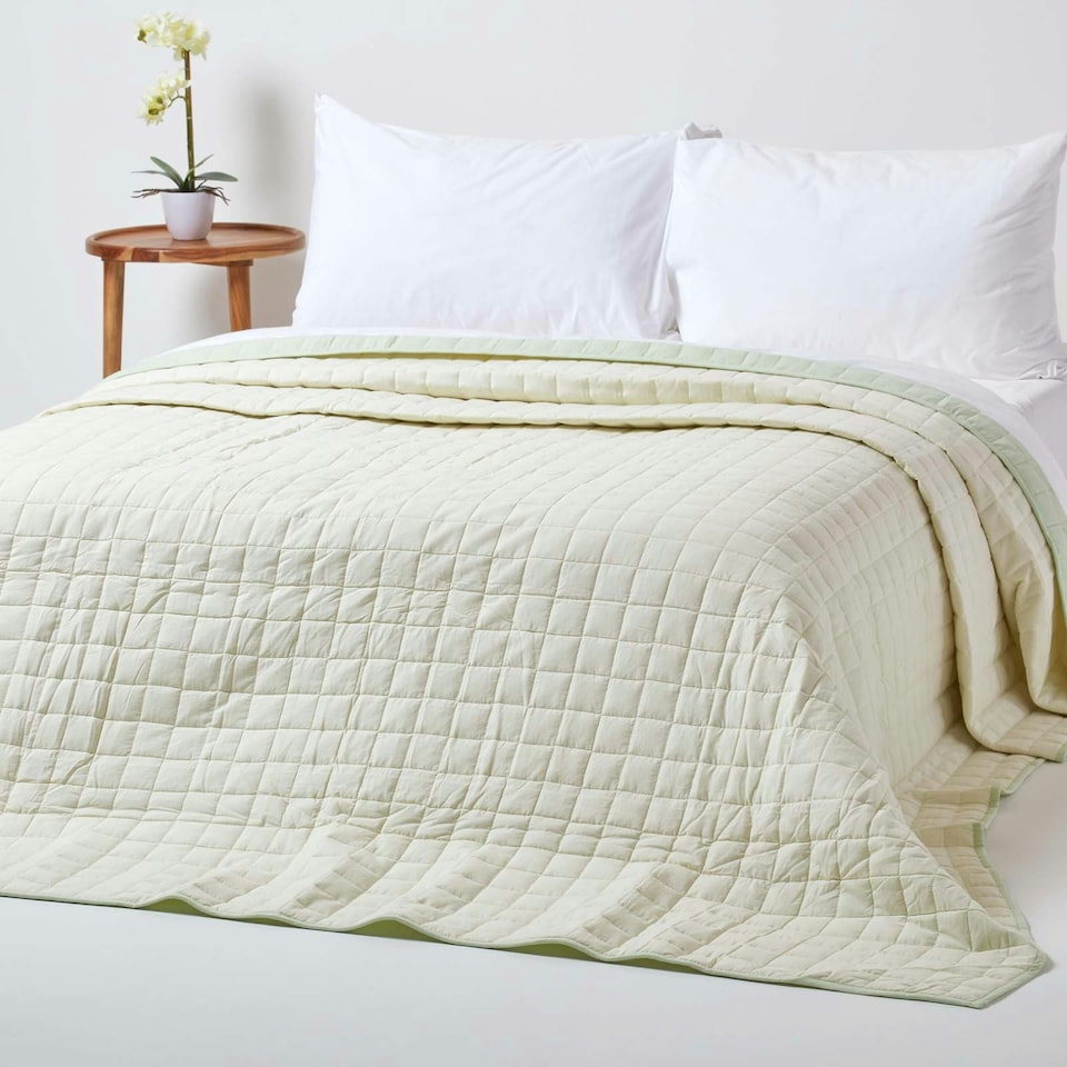 image 1 of Homescapes Cotton Quilted Reversible Bedspread Sage Green and Cream - 150 x 200 cm Green