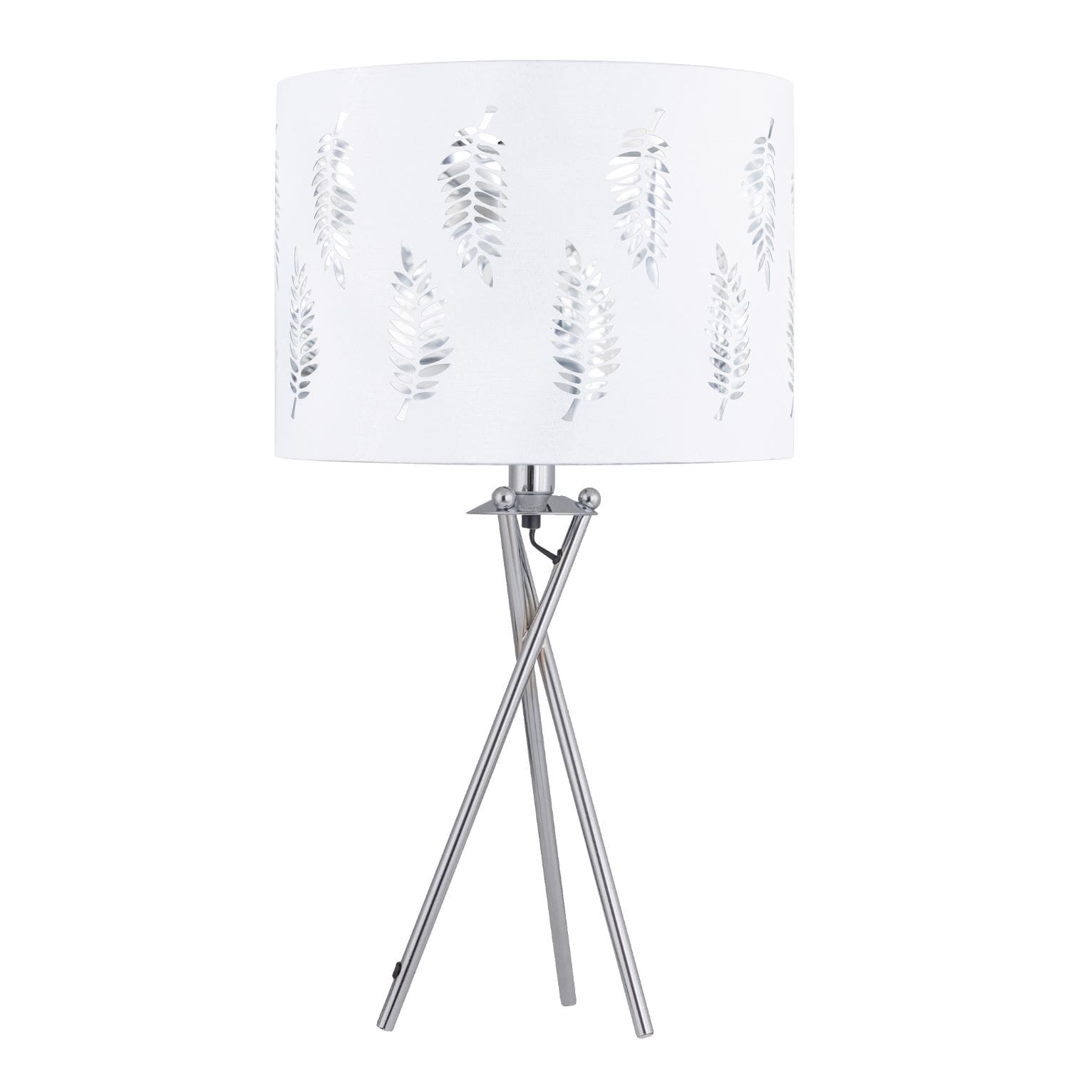 First Choice Lighting Chrome Tripod Table Lamp with White Fern Cut Out Shade in Silver