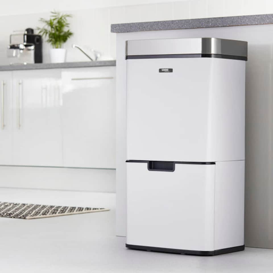 image 1 of Cooks Professional Recycling Sensor Bin 75L with Dual Compartments & Food Caddy | White | White & Silver