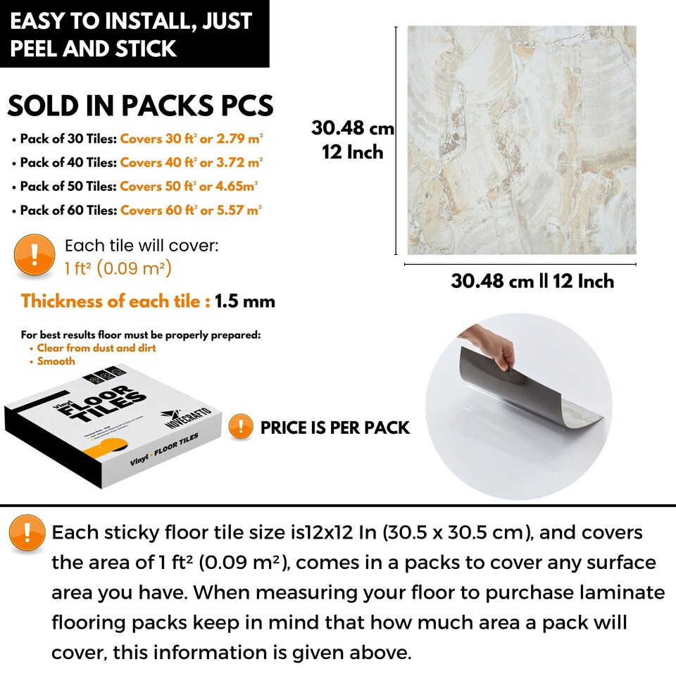 image 1 of NOVECRAFTO Vinyl Floor Tiles Self Adhesive – 12x12in Peel and Stick Flooring for Kitchen, Bathroom & Living Room – Beige Marble Flow Design Brown | 3.72 sqm