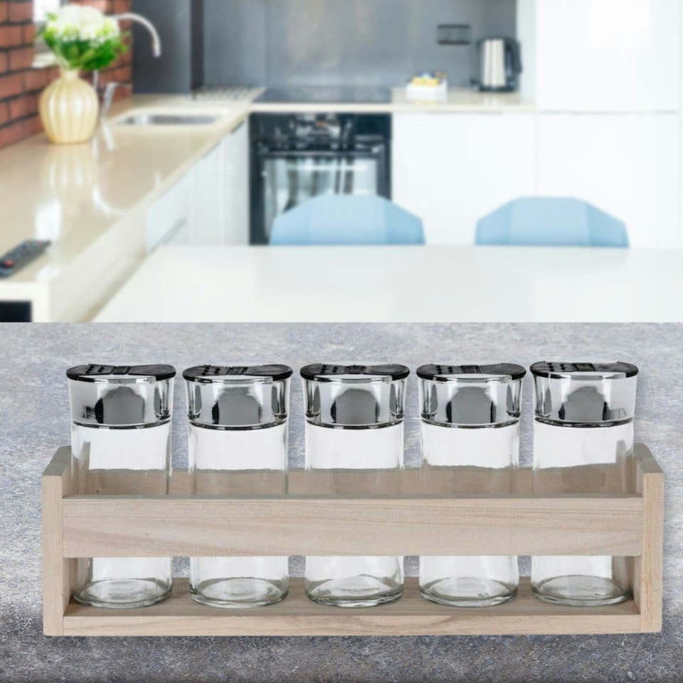 image 1 of 6-Pc Spice Herb Glass Jars with Wooden Wall Rack