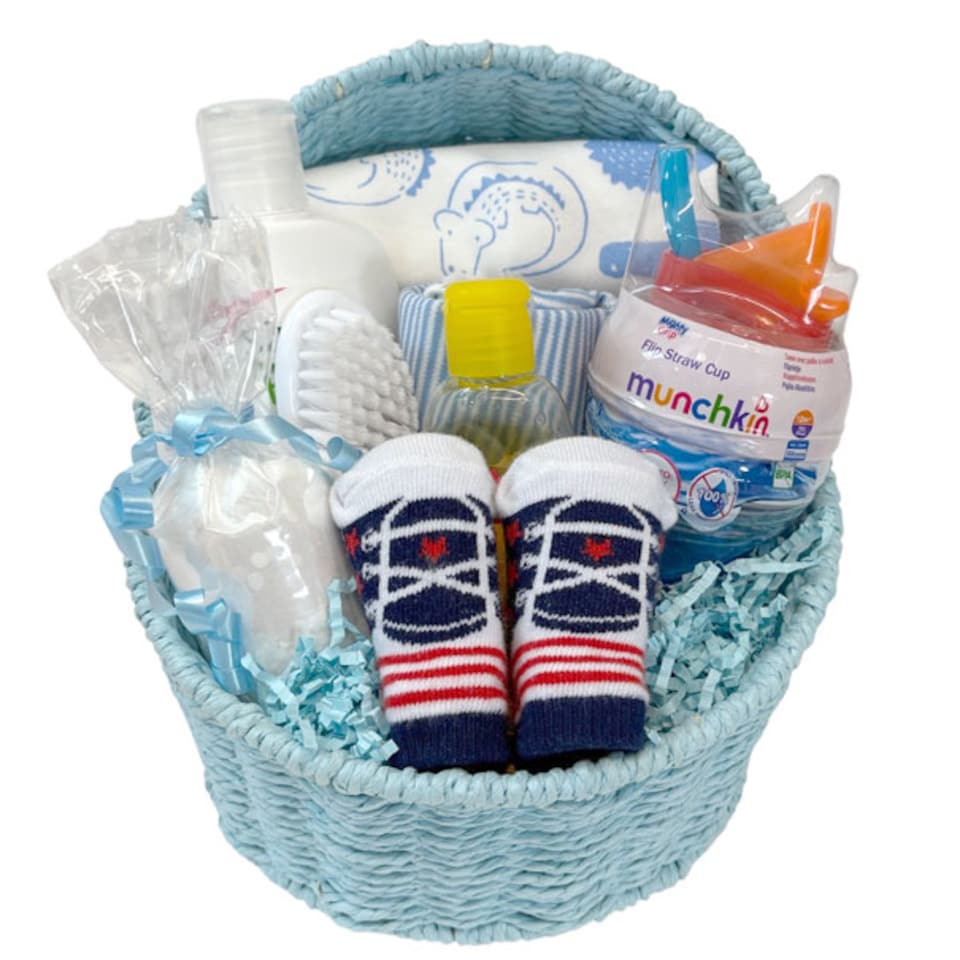 image 1 of Baby Boy Gift Hamper Kit - Blue Bassinet Basket (25cm) with Cream Gift Wrap Accessories