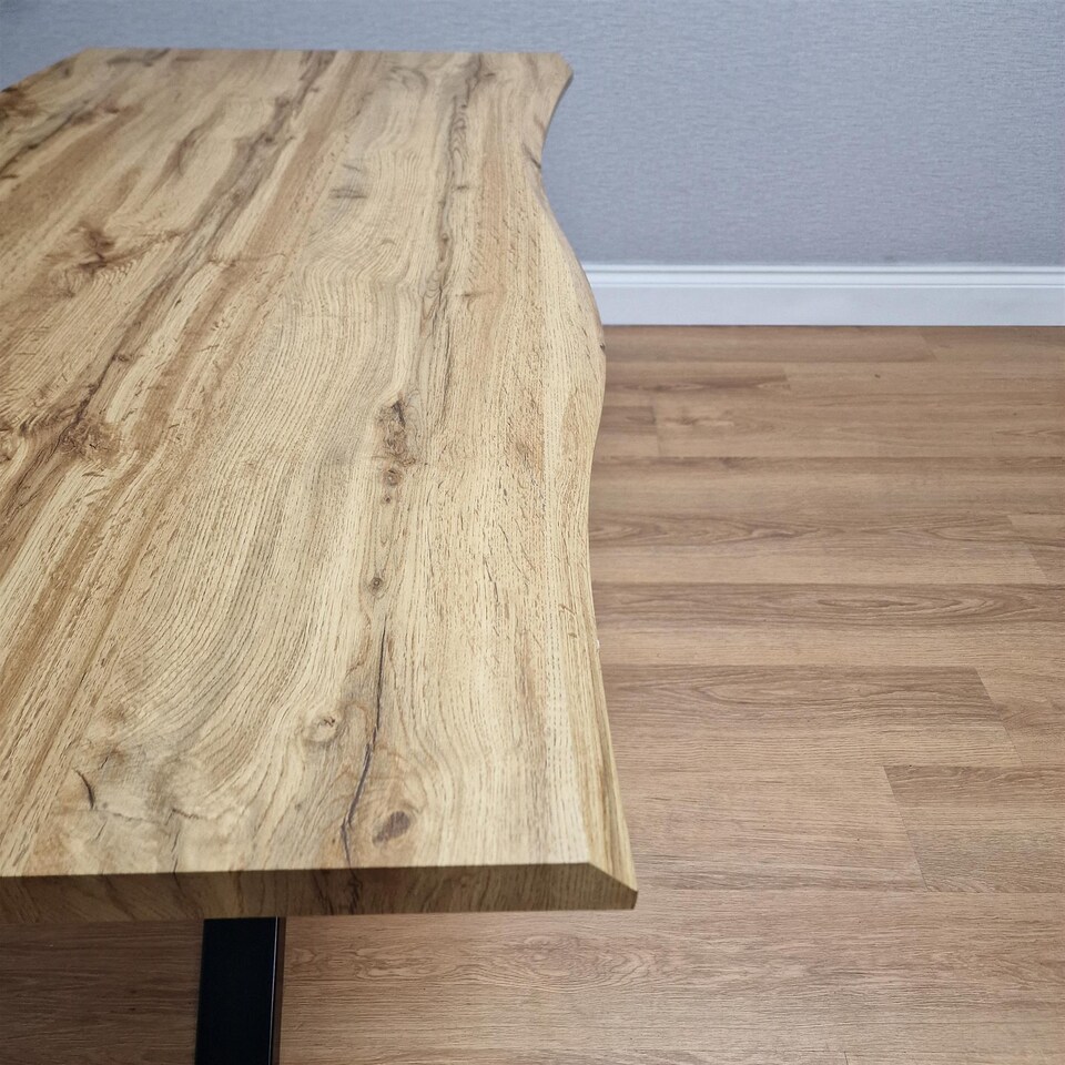 image 1 of Durable Wooden Dining Table with X-Shaped Iron Legs, Curved Edge for Dining, Work, or Study (Length 140cm)