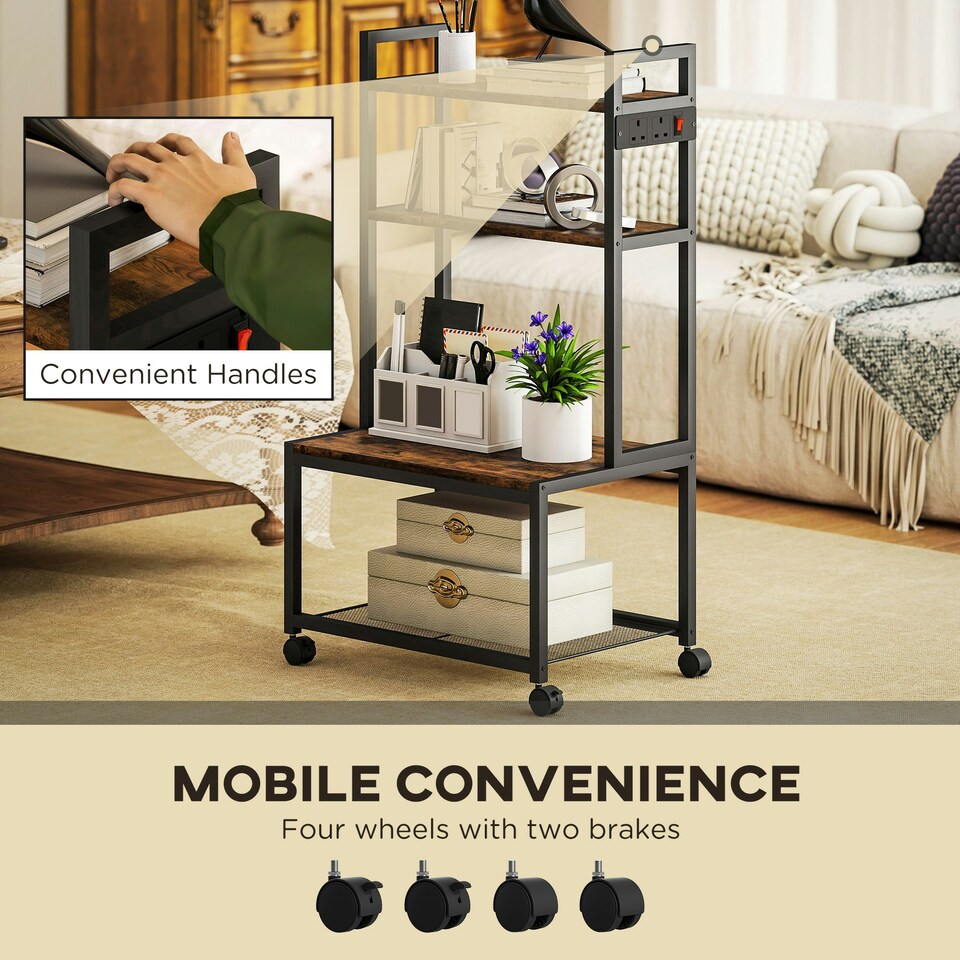 image 1 of HOMCOM 4-Tier Mobile Printer Stand with Power Outlets for Home Office Brown