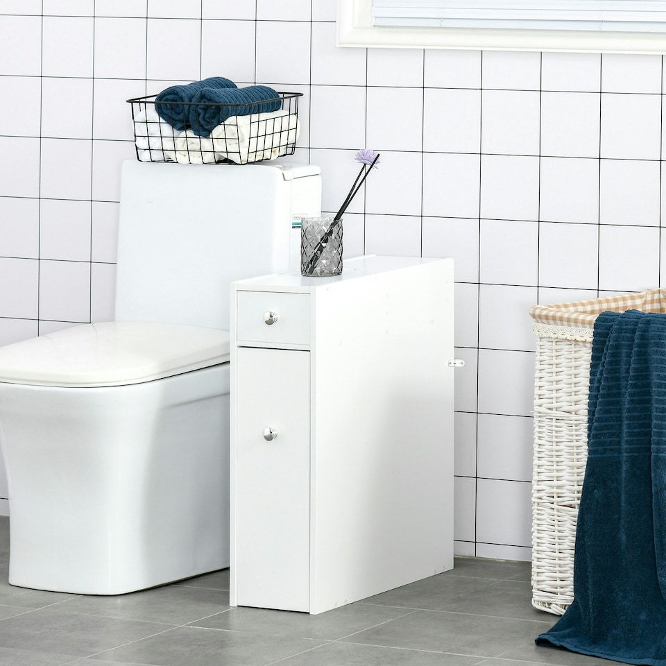 image 1 of HOMCOM Slim Floor Cabinet Narrow Wooden Storage with Drawers Bathroom White
