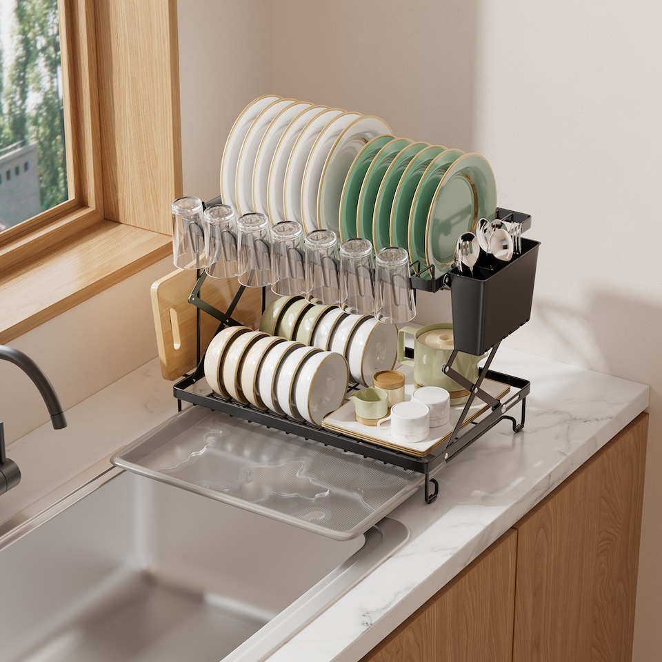 image 1 of Living and Home Foldable 2-Tier Dish Drying Rack with a Drip Tray | Black
