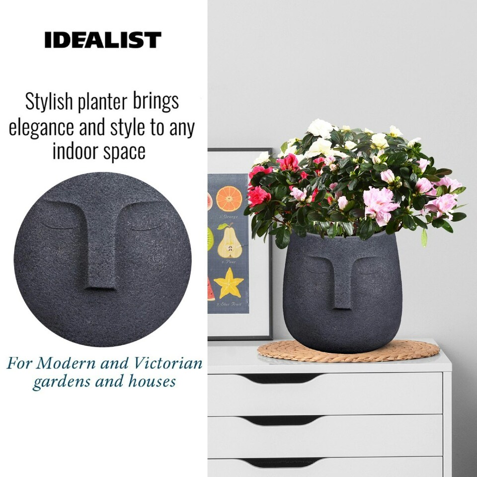 image 1 of Textured Concrete Effect Washed Black Oval Face Planter Indoor L30.5 D29.5 H29.5 cm, 13.9 ltrs Cap.