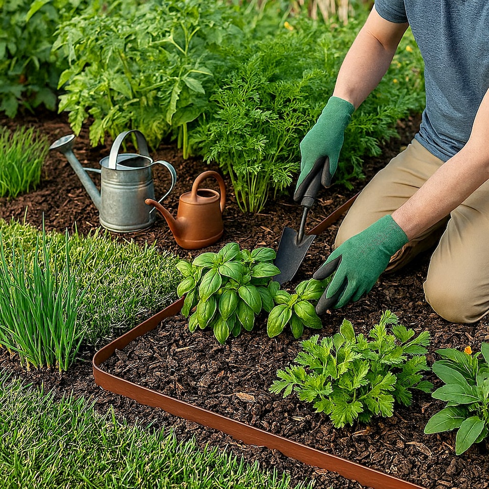 image 1 of Harbour Housewares Flexible Plastic Lawn & Path Edging with 40 Pegs & Mallet - 10m x 4cm - Brown | Brown | Brown | 1
