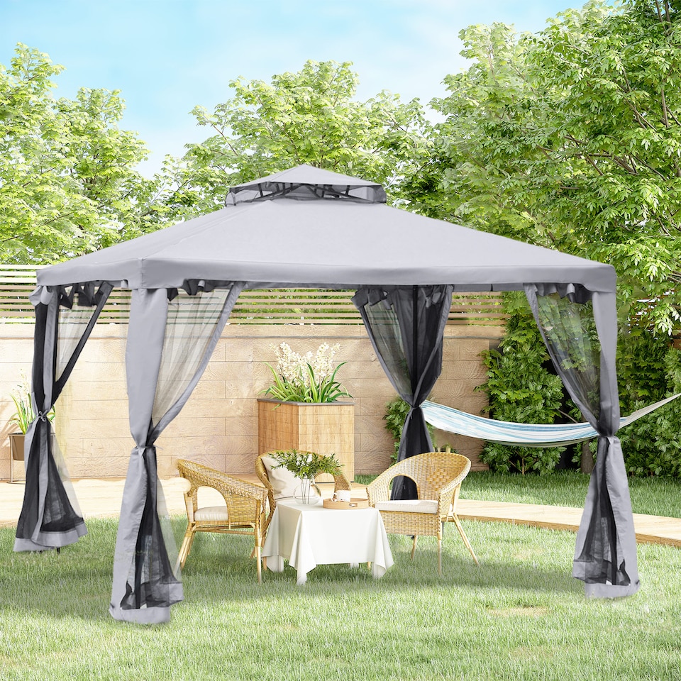 image 1 of Outsunny 3 x 3 m Metal Gazebo Garden Pavillion Double Roof Outdoor Canopy Shelter with Mesh Sidewalls Grey