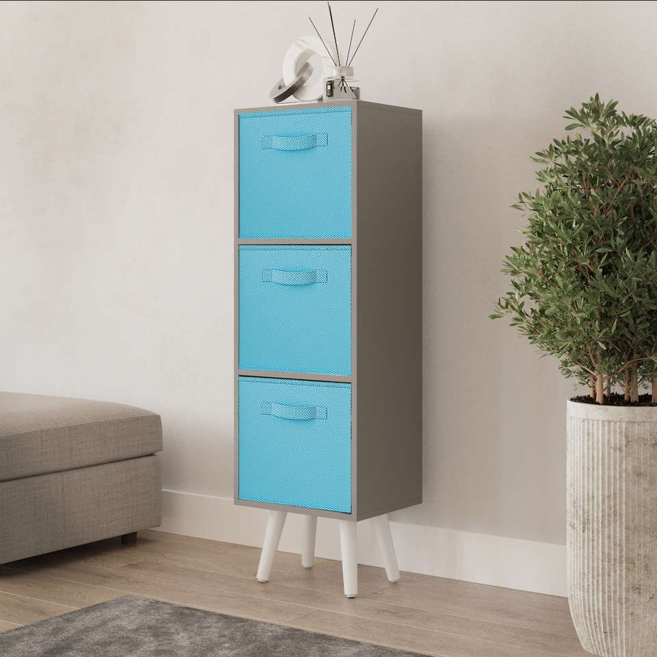 image 1 of Grey 3-Tier 3-Drawer Cube Shelving Unit with Scandinavian Legs | Blue | Sky Blue & White | 1