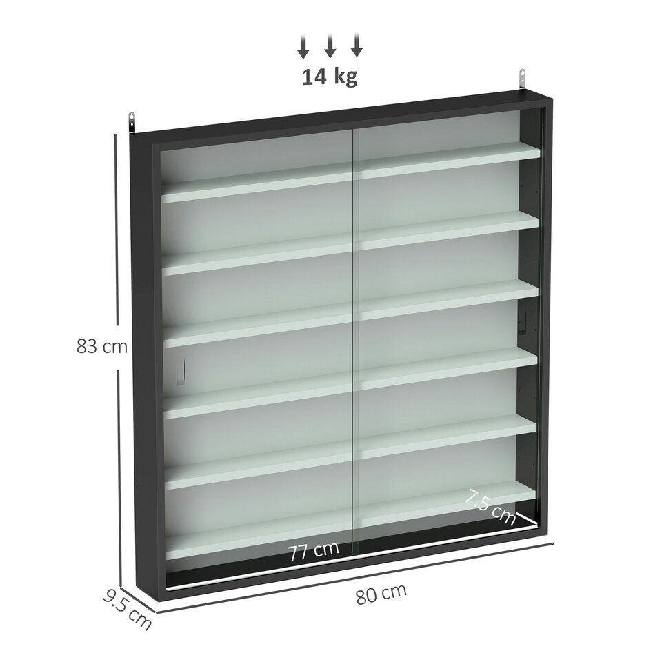 image 1 of HOMCOM 7-Tier Wall Display Cabinet w/ Shelves Glass Doors, Rustic Brown Black