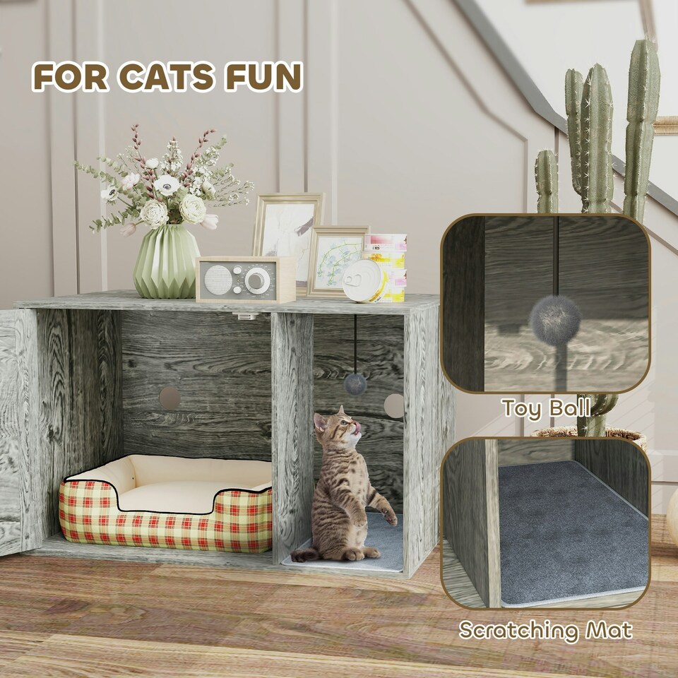 image 1 of PawHut Cat Litter Box Enclosure with Rattan Door, Scratching Mat