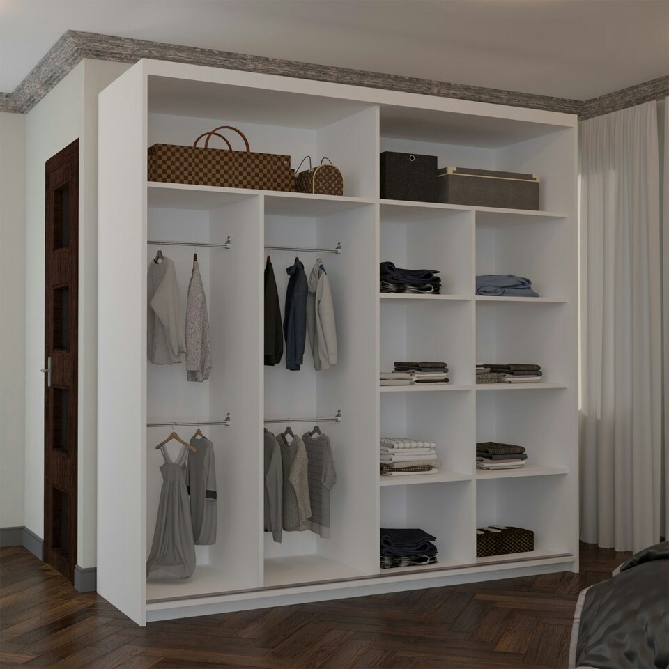 image 1 of Modern Sliding Door Wardrobe with Square Mirror - 150/203cm | White/Black/Grey Bedroom Storage White | 203cm