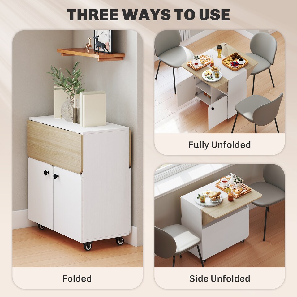 image 1 of HOMCOM Folding Dining Table, Rolling Drop Leaf Table with Hidden Shelf | White | White and Natural Wood | 70W x 83D x 75H cm