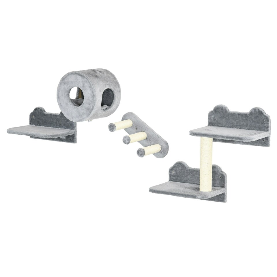 image 1 of PawHut 4PCs Wall Mounted Cat Furniture Set with Steps Scratching Post, Grey