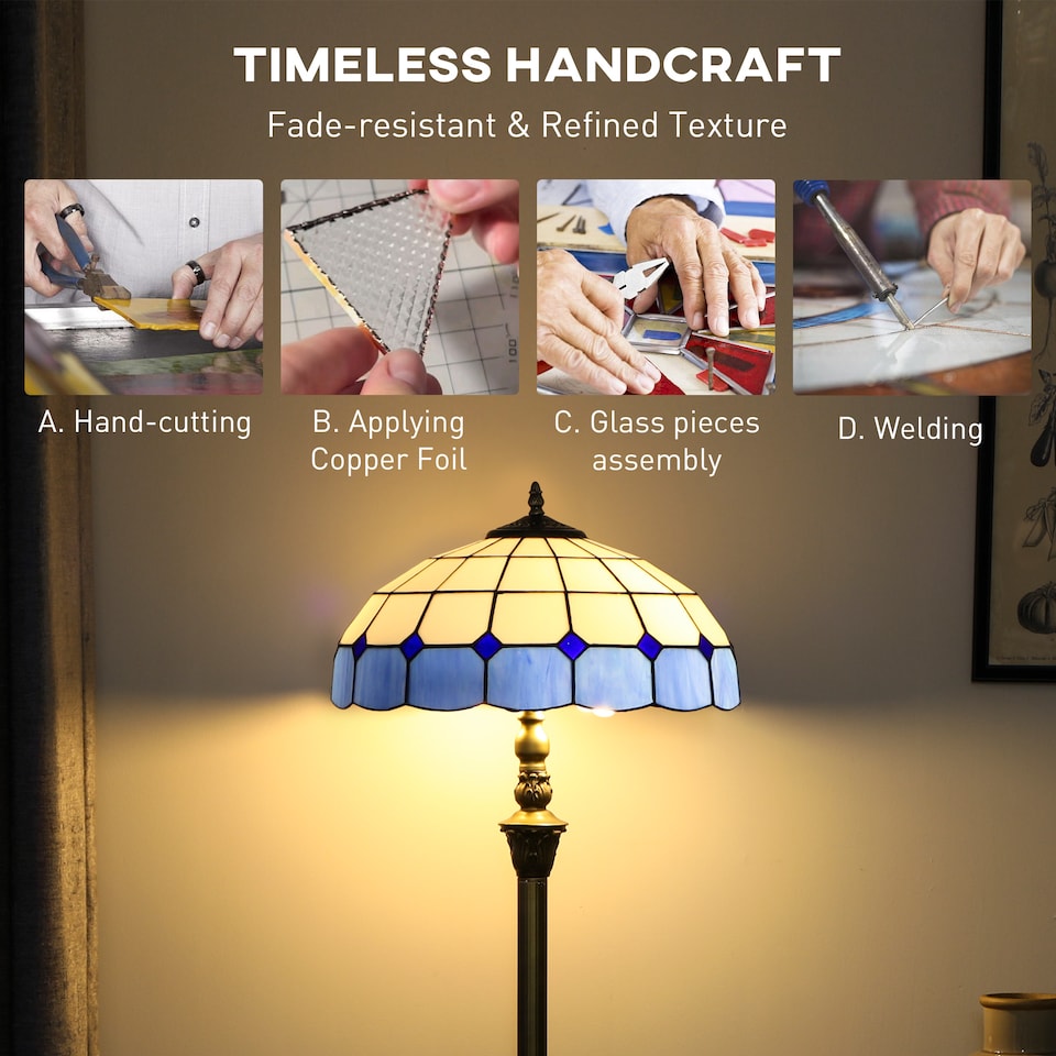 image 1 of HOMCOM Tiffany-Style Floor Lamp with Handcrafted Stained Glass Shade, 152cm Tall Vintage Standing Lamp with Foot Switch and Dual Sockets for Living Room Bedroom, Bronze Tone and Blue | Blue