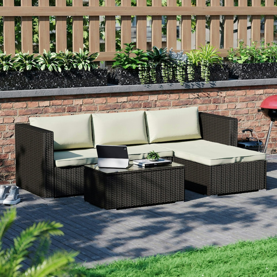 image 1 of Garden Vida Hampton 4 Seater Corner Rattan Set Sofa Coffee Table Outdoor Garden Furniture, Brown