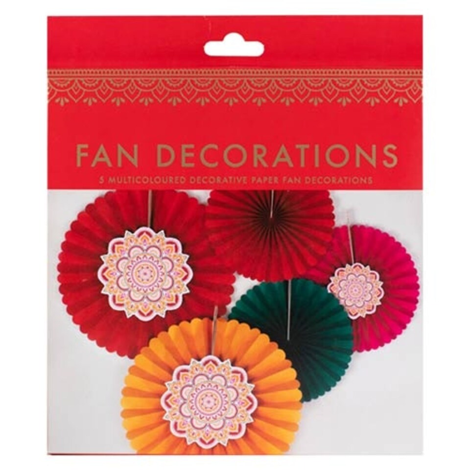image 1 of Multicoloured Diwali Paper Fan Hanging Decorations - Pack of 5
