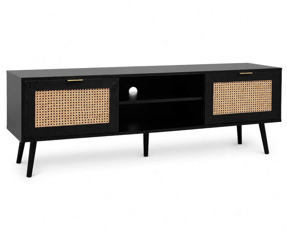 image 1 of Modern Black Rattan TV Stand Cabinet with Two Cupboards and Shelves TV Unit - W150 x D40 x H52cm