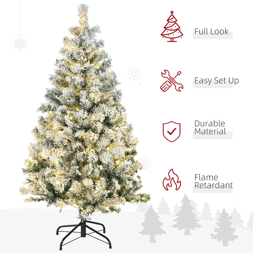 image 1 of HOMCOM 4.5ft Prelit Snow Flocked Artificial Christmas Tree Xmas Tree with 150 Colourful or Warm White LED Lights  Green