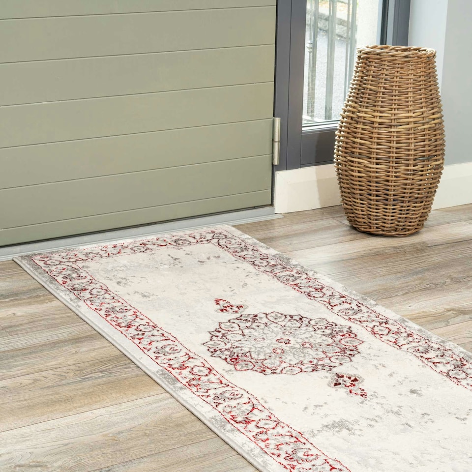 image 1 of KUKOON Silver Grey Red Distressed Traditional Medallion Runner Rug 60cm x 240cm | Grey