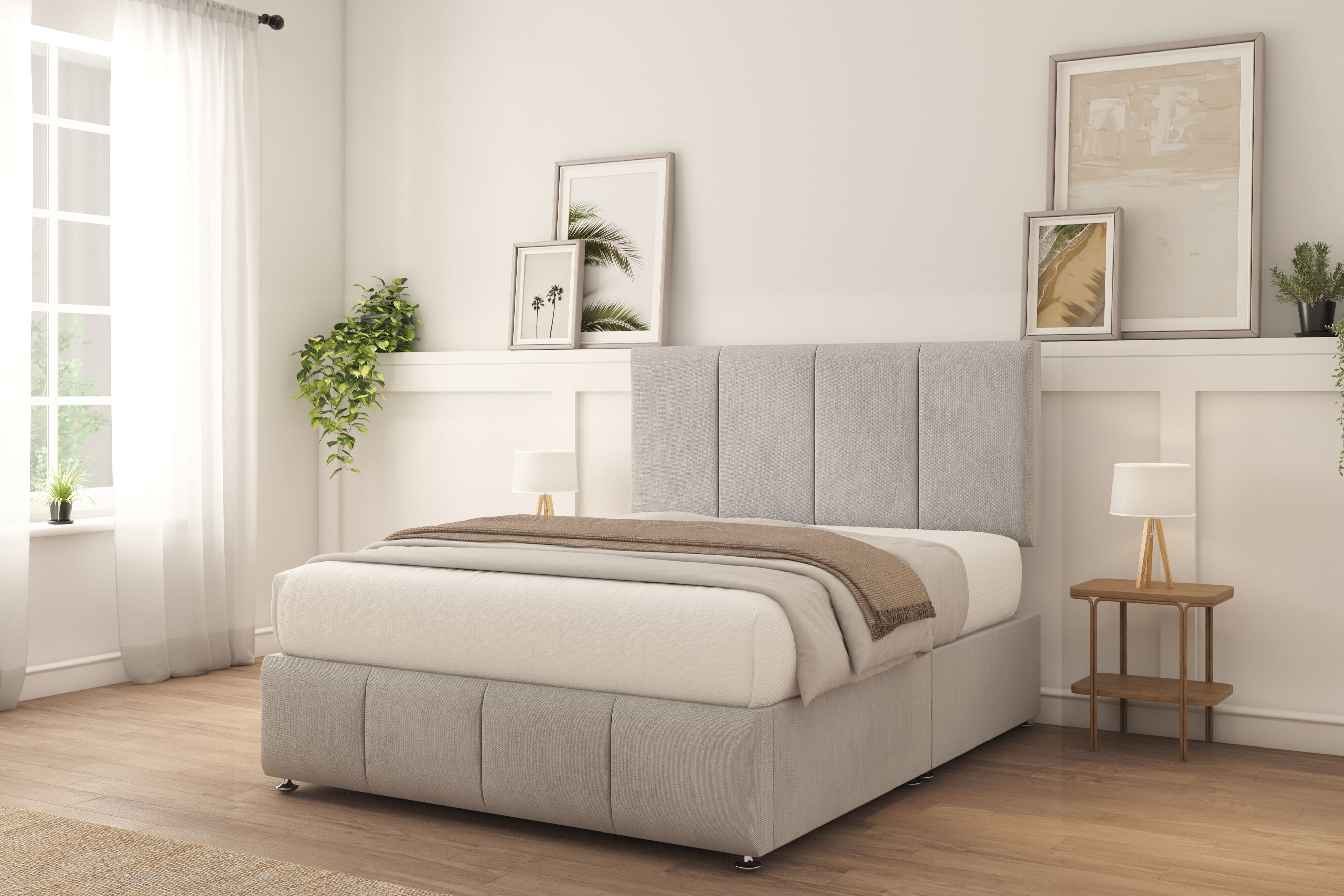 Sloomy Lisbon Silver Naples Divan Bed With Mattress No Drawers 26" Strutted Headboard & 12" Footboard 4' Small Double