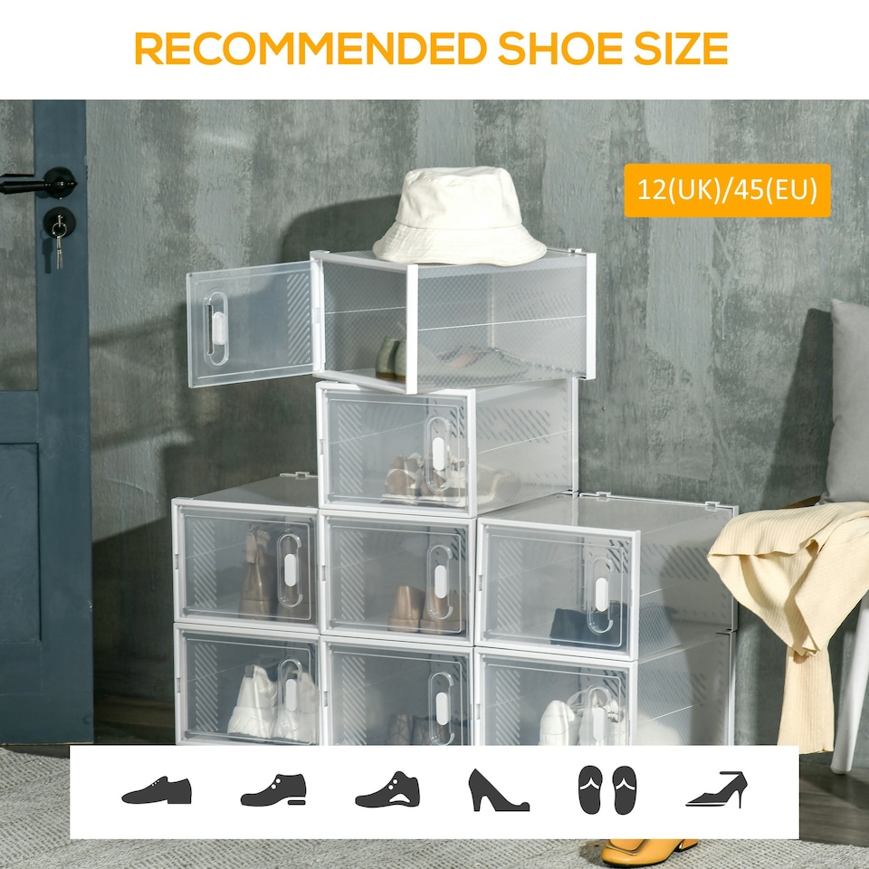 image 1 of HOMCOM 8PCS Stackable Clear Plastic Shoe Storage Box for UK/EU Size 12/46 
