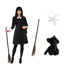 Witch Costume - 4 Pcs - Collared Dress, Broom, Cat Toy & Hair Bow | Black | XL