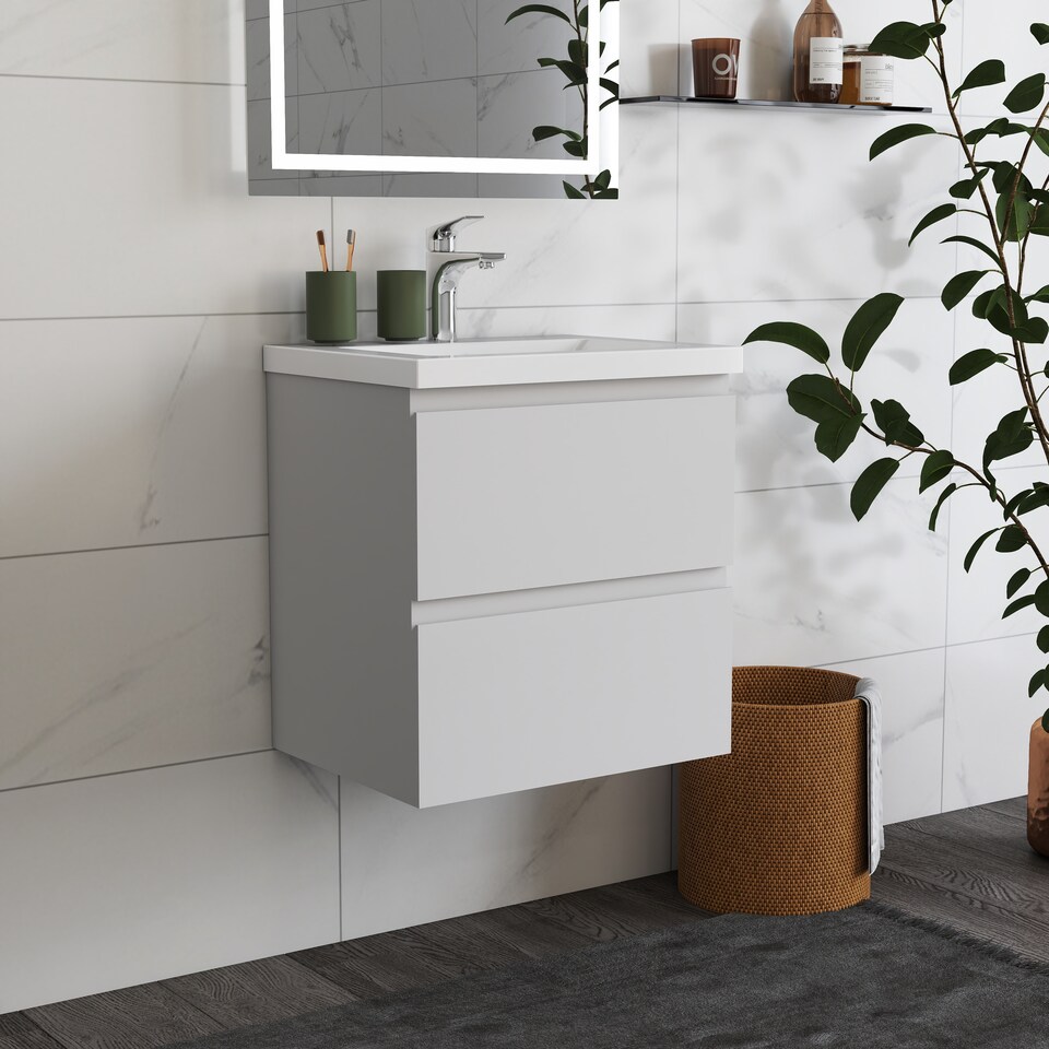 image 1 of AICA 500mm Wall Mounted Bathroom Vanity Unit With Ceramic Basin,2 Soft Close Drawers for Storage,White,Flat packed