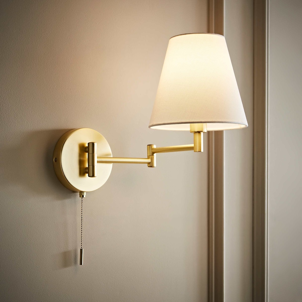 image 1 of ValueLights Sonia Pair Gold Swing Arm Wall Lights Taper Shade | Gold