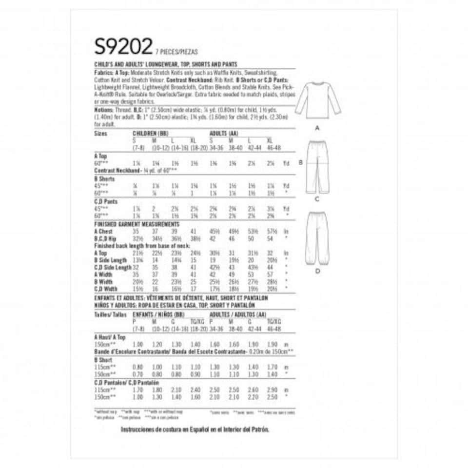 image 1 of Simplicity 9202 Paper Sewing Pattern – Children’s, Teenagers’, Men’s & Women’s Pyjamas, Tops, Shorts & Trousers, Sizes Bb (S–M–L–XL), Easy