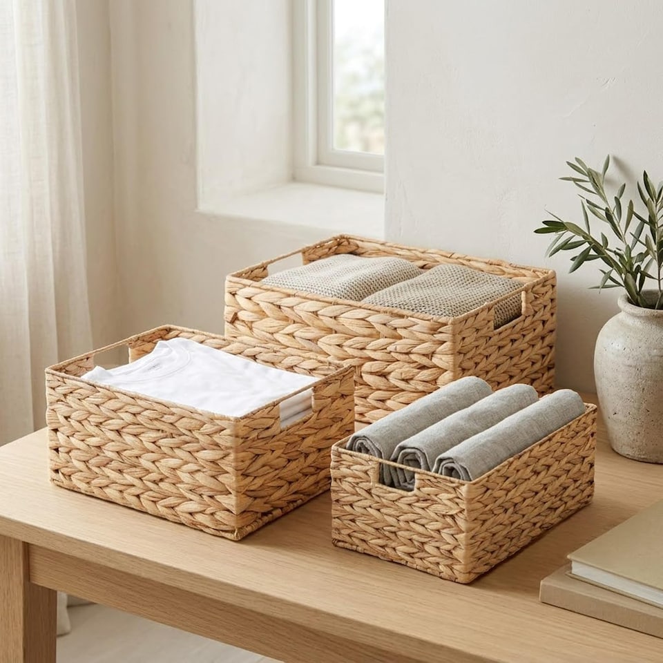 image 1 of Woven Water Hyacinth Organiser Storage Baskets Wicker Hamper Basket With handles Gift Toys Bathroom Basket (Small)