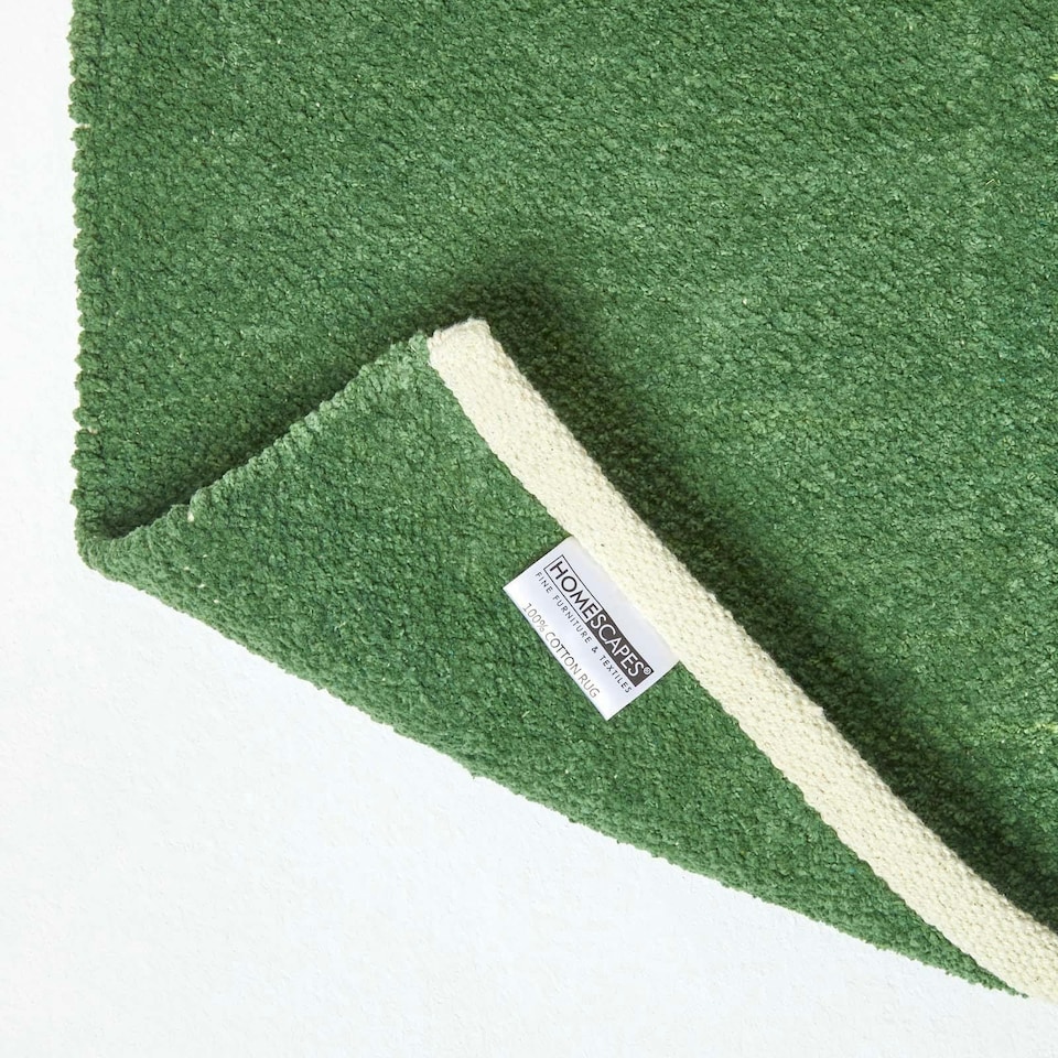 image 1 of Homescapes Dark Olive Cotton Plain Chenille Rug with Natural Trim - 110 x 170 cm | Green | Dark Olive