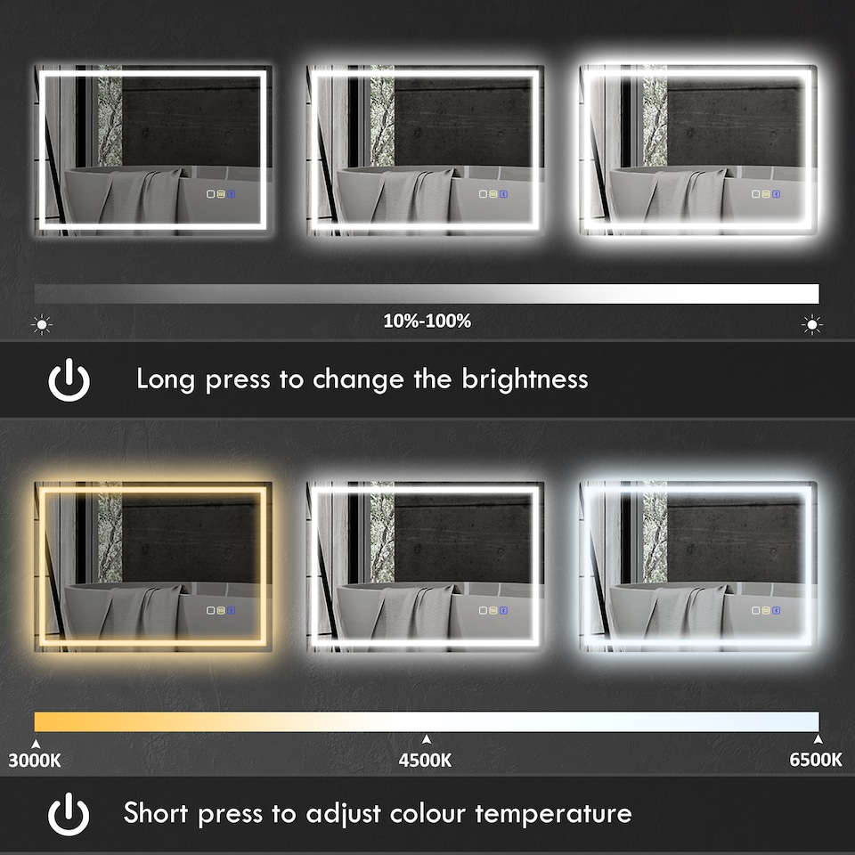 image 1 of HOMCOM 600 800 mm Bluetooth LED Bathroom Mirror, Illuminated Backlit Vanity Mirror with 3 Colours Dimmable, Anti-Fog, Memory Function, Touch Sensor, IP44 | Silver