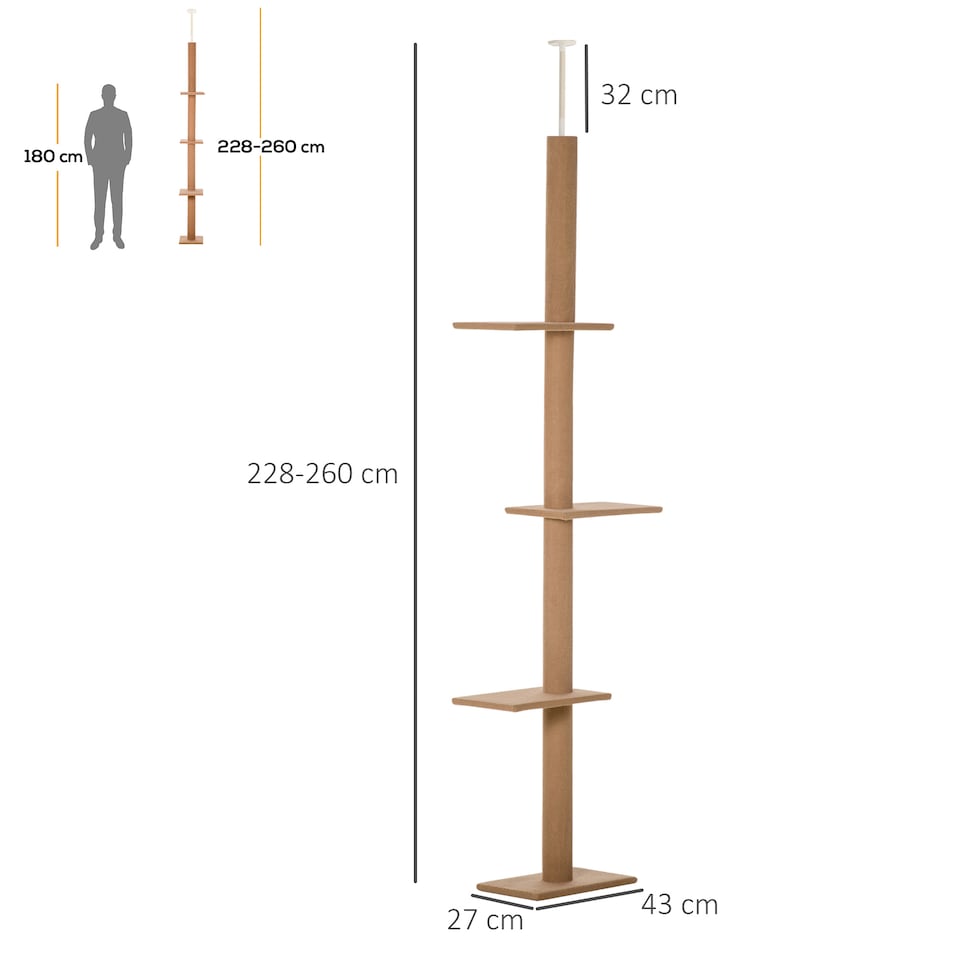 image 1 of PawHut 260cm Cat Tree Floor To Ceiling Adjustable Height