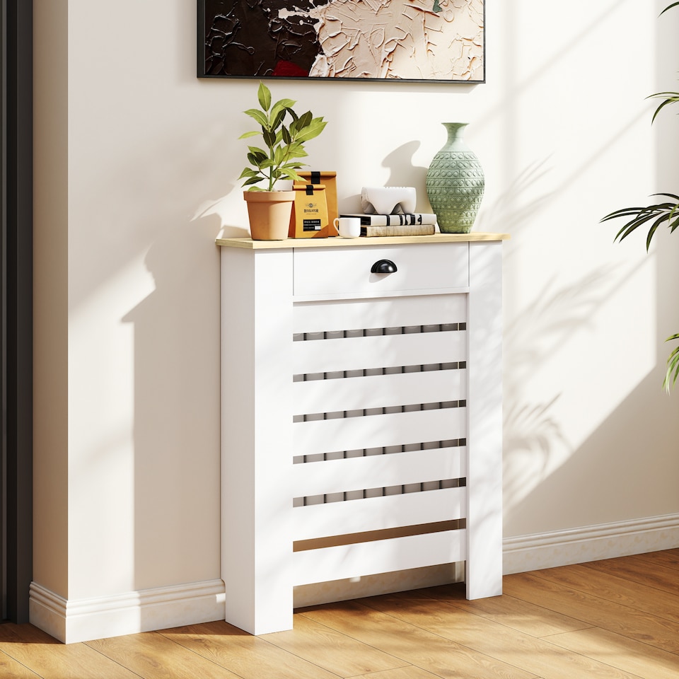 image 1 of HOMCOM Radiator Cover with Drawer, Horizontal Slat, 78cm, White | White | White with wood-effect top | 1