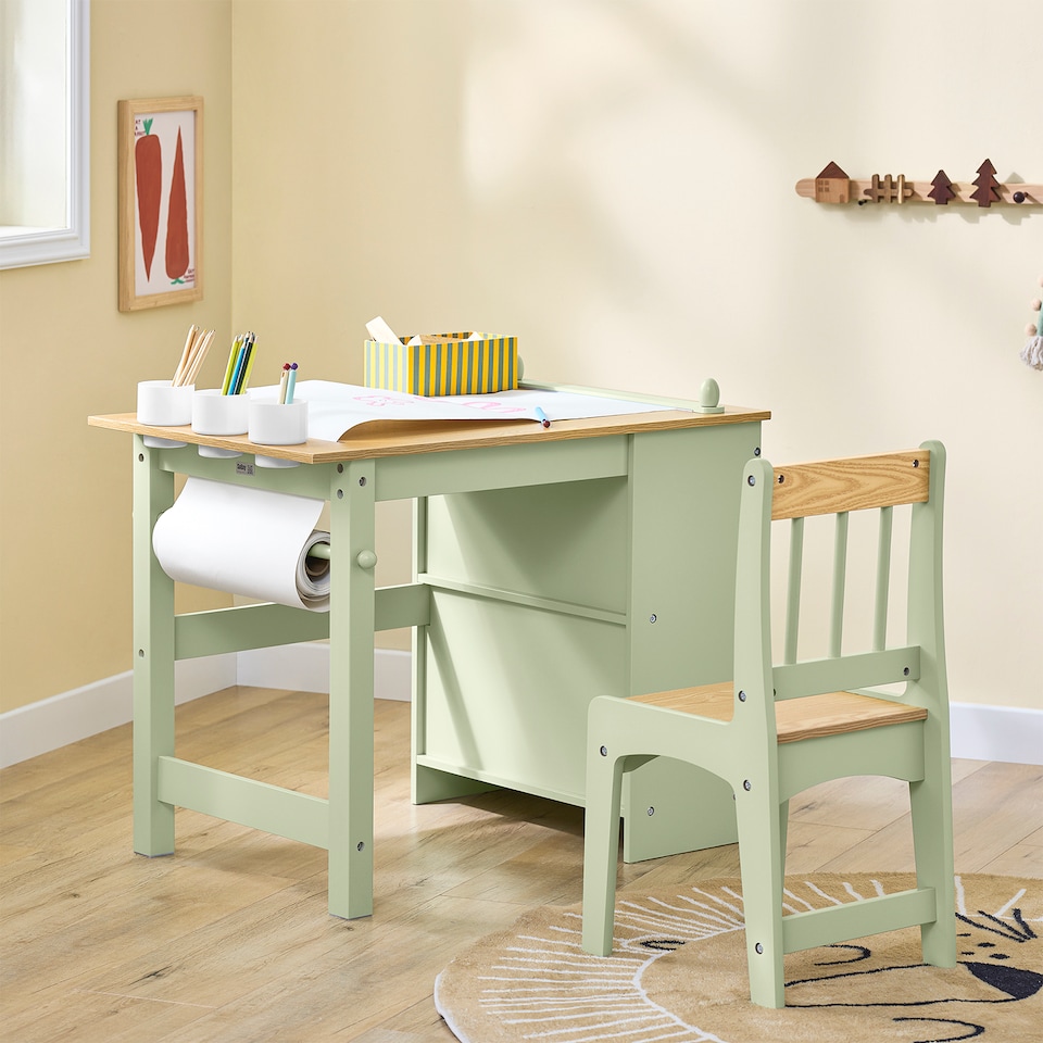 image 1 of SoBuy Kids Desk and Chair Set with 2 Shelves & Paper Roll Holder, Green, 31.4x19.6x25.9 in, 15.3 kg - KMB60-GR
