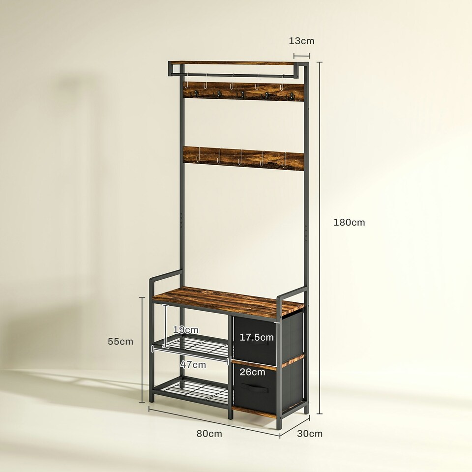 image 1 of HOMCOM Coat Rack with Drawer, Hall Tree with Coat Stand, Rustic Brown