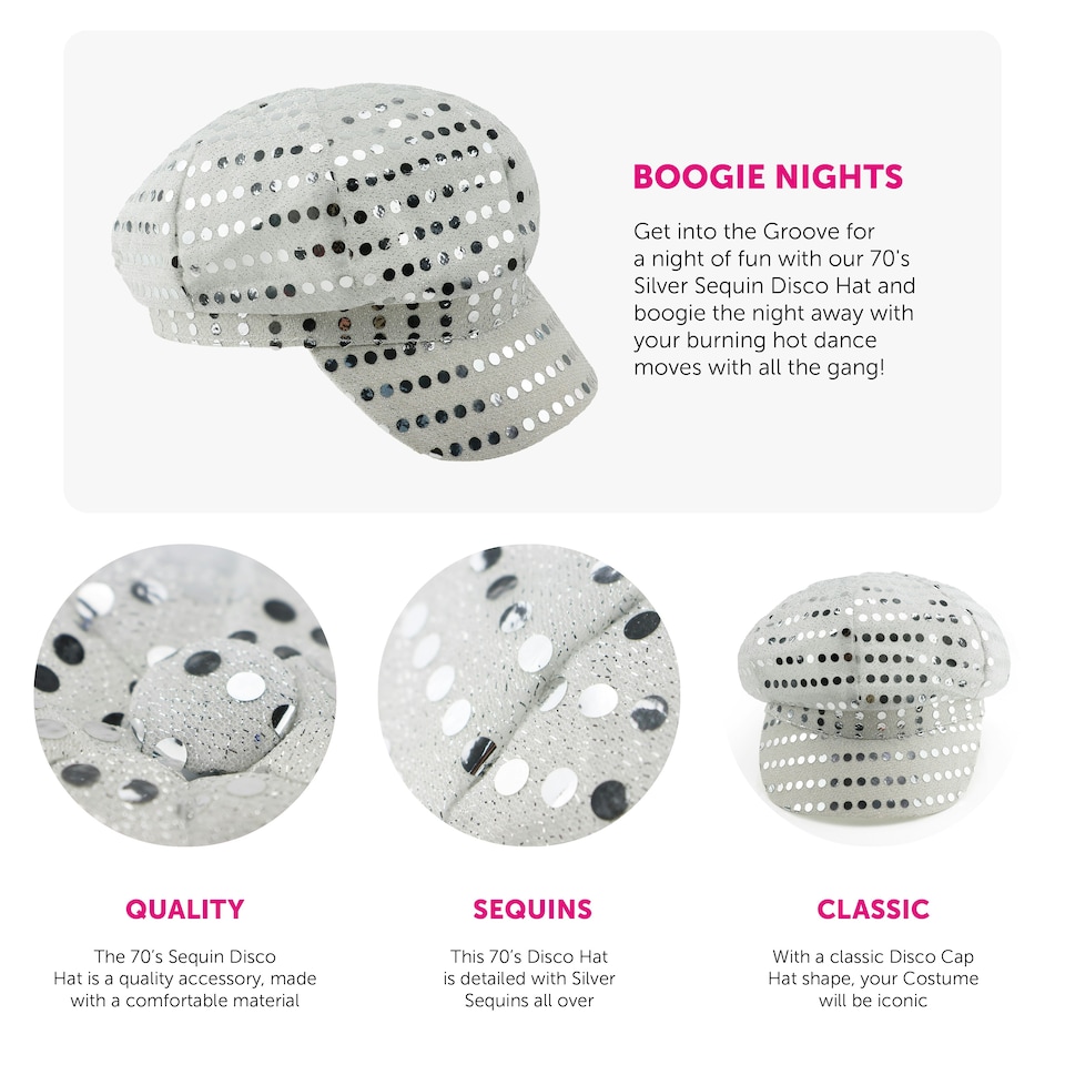 image 1 of 70s Silver Disco Hat – Retro Sequin Fancy Dress Accessory N/A | One Size