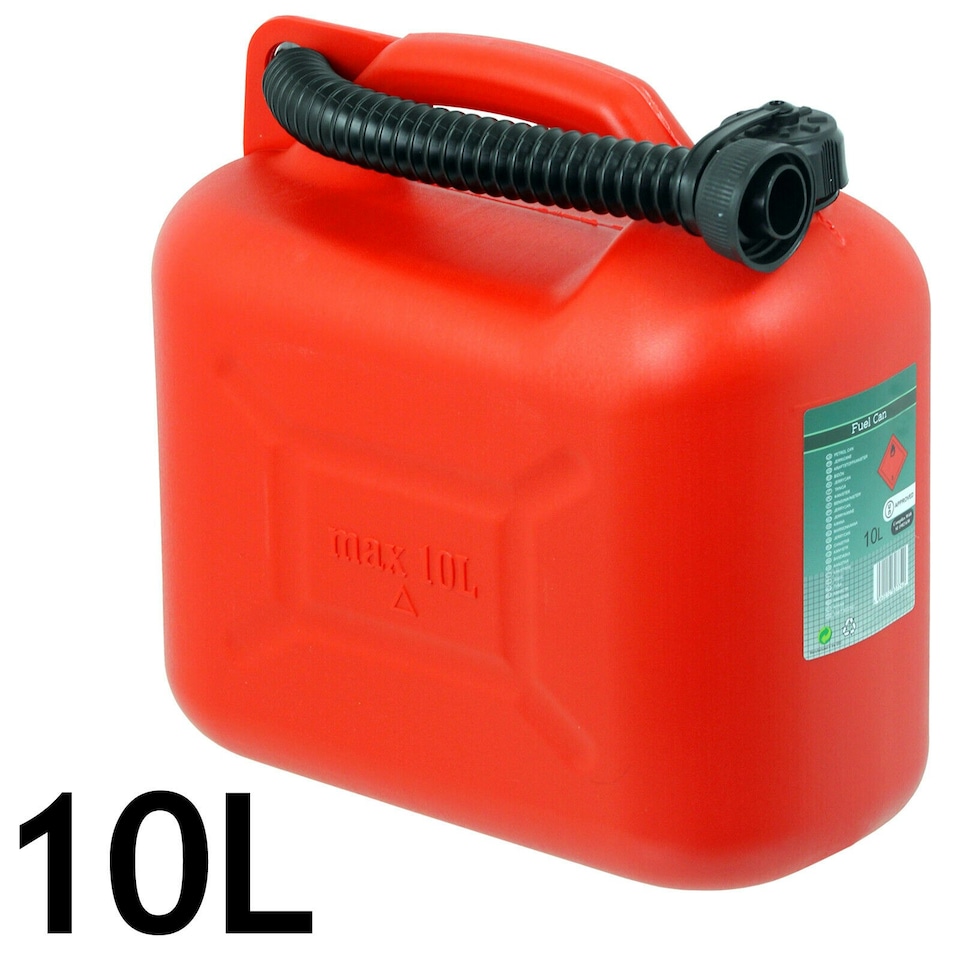 image 1 of SPARES2GO Fuel Can 10L Red Large Plastic Petrol Diesel Jerry Can Canister + Flexible Spout