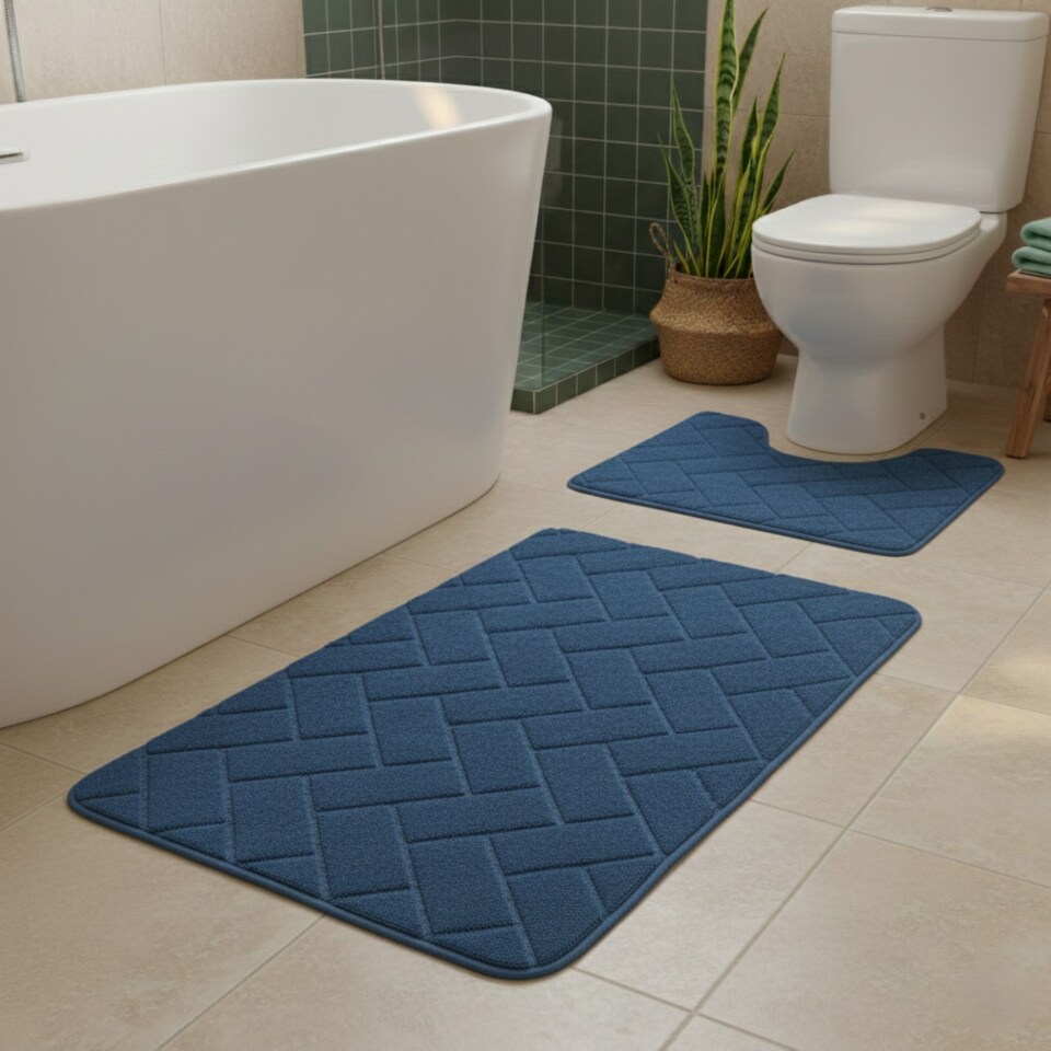 image 1 of 2 Piece Block Design Memory Foam Bath Mat Set Soft Absorbent Non-Slip Bathroom | Blue