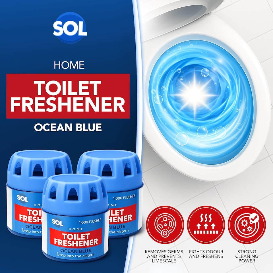 image 1 of 3pk x 70g Toilet Fresheners Ocean Scented Cistern Blocks, Last 1000 Flushes, Prevents Limescale, Cleans & Deodorizes