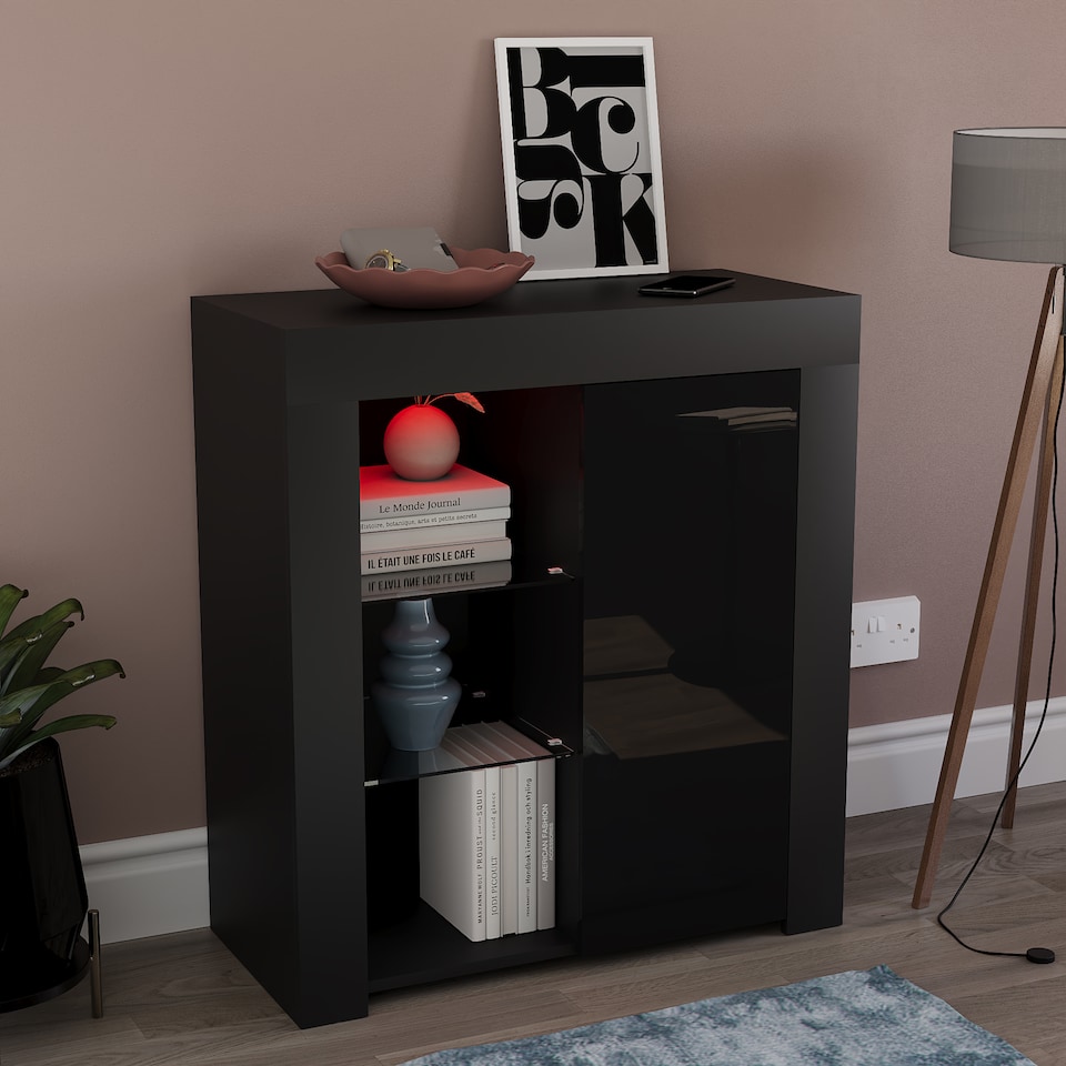 image 1 of Vida Designs Azura 1 Door LED Sideboard Buffet Cabinet Storage, Black | Black | 1